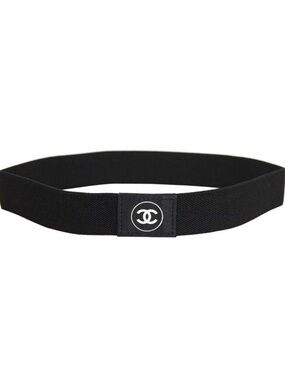 CHANEL Black Elastic Belt with White CC Logo Patch